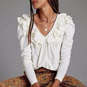 Anthropologie Cream Ruffle V-Neck Long Sleeve Blouse XS | Romantic Boho